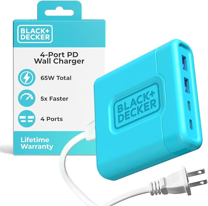 BLACK+DECKER USB C Fast Charger 65W 4 Port Type USB C Charging Station Hub Block TypeC Wall Charger Power Strip Adapter Plug 2 USBC 2 USBA for iPad iPhone 17 16 15 14 Pro Max Pixel Note Galaxy Blue