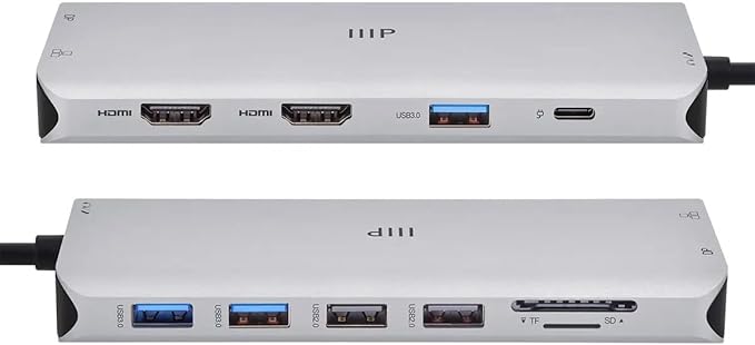 Monoprice 13-in-1 Dual-HDMI + DisplayPort Multi-Stream Transport (MST) Triple Monitor Docking Station - 4K 5Gbps USB A Ethernet Card Reader 100W PD Silver