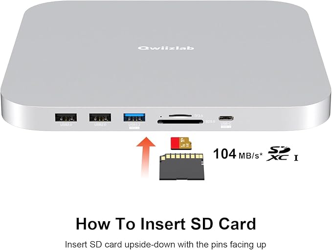 Qwiizlab Mac mini Hub with NVMe Enclosure Docking Stastion for Mac mini M2/M1 Mac Studio M4/M/3/M2/M1Type-C 10Gbps Card Readers 104MB/s HDMI 4K Fits M.2 SATA PCIe NVMe SSD (Silver)