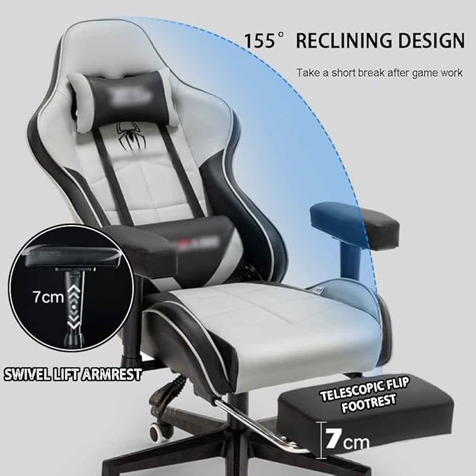 Gaming Chair with Footrest Cool Two-Color Stitching Spider Pattern Gamer Chair 155° Reclining Swivel Lift Racing Chair Load Bearing 190kg/418.9lbs (Color : Gray-Black Size : 121-131 * 50cm)