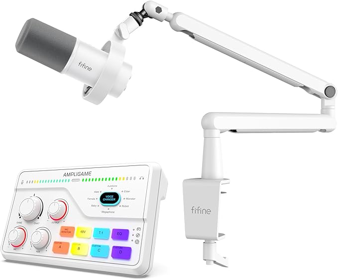 FIFINE Recording Microphone with Audio Mixer and Low Profile Arm Stand Bundle Podcast Mic with Metal Boom Arm Audio Mixer with 48V Phantom Power for Gaming Studio-K688W+BM88W+SC8W
