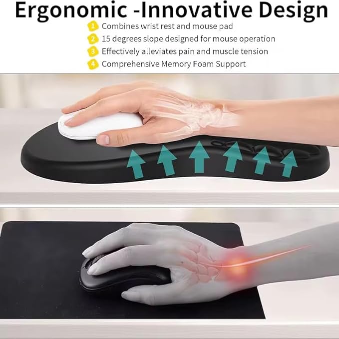 Ergonomic Mouse Pad with Wrist Support &amp Massage Design – Memory Foam Cushion Non-Slip PU Base – Carpal Tunnel Pain Relief for Wireless Mouse &amp Desk Use – 12x8 Inch (Black)