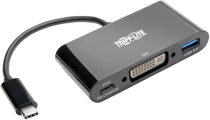 Tripp Lite USB C to DVI Adapter Converter w/ USB-A Hub &amp PD Charging USB Type C Thunderbolt 3 USB-C 1080p Black(U444-06N-DUB-C)
