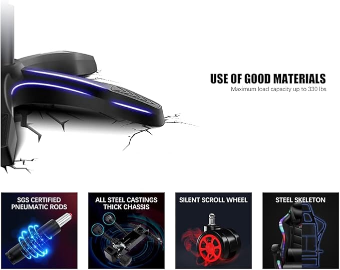 TBQATNTS 7-Point Massage Gaming Chair with RGB Lighting and SpeakersErgonomic Gaming Chair with footrest and Headrest and Lumbar Pillow Video Game ChairsAdults High Back Gaming ChairBlack