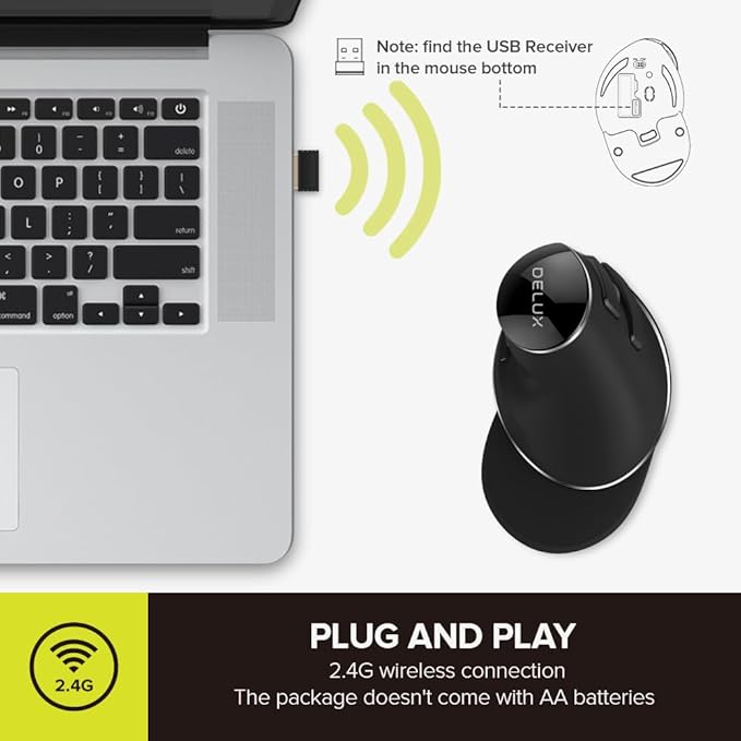 DELUX Ergonomic Vertical Mouse Wireless Ergo Mouse for Large Hands 2.4G Connection Silent Clicks Up to 1600 DPI6 Buttons Removable Wrist Rest Compatible with Laptop/PC (M618Plus Wireless-Black)