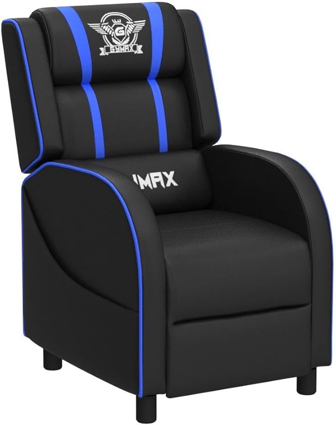 POWERSTONE Gaming Recliner Chair Reclining Gaming Chairs for Adults Ergonomic Leather Sofa with Footrest Lumbar Support Headrest and Side Pouch for Living Room Home Theater Blue
