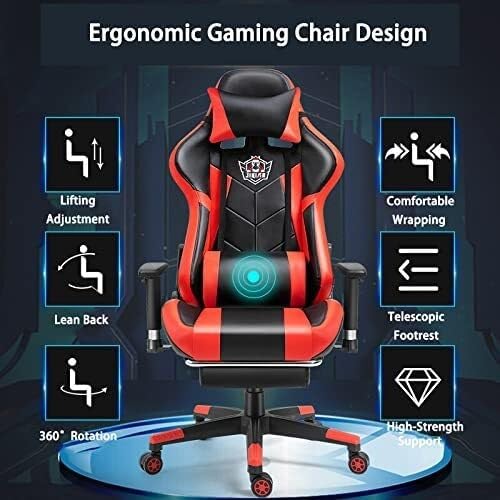 Ergonomic Gaming Chair with Massage Lumbar Support High-Back Racing Style PU Leather Office Chair 350lbs Capacity(Black)