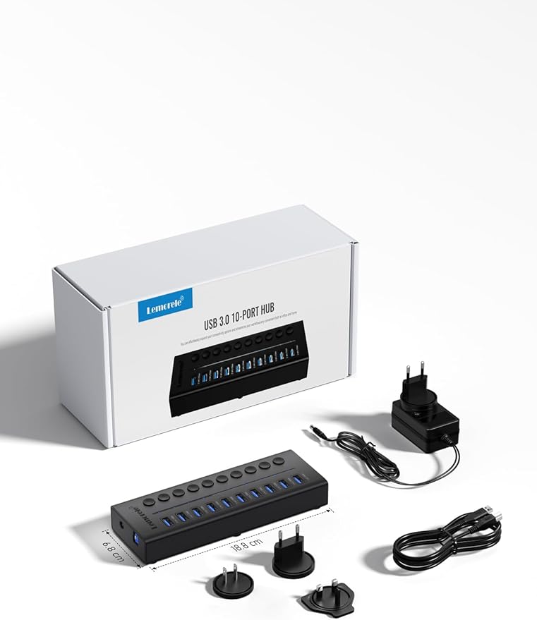 Lemorele 10-Port 24W USB3.0 Powered USB Hub with Individual LED On/Off Switches USB Splitter Support 5Gbps Data Transfer &amp 5V 0.9A Charge for Phone Power Bank TWS etc.