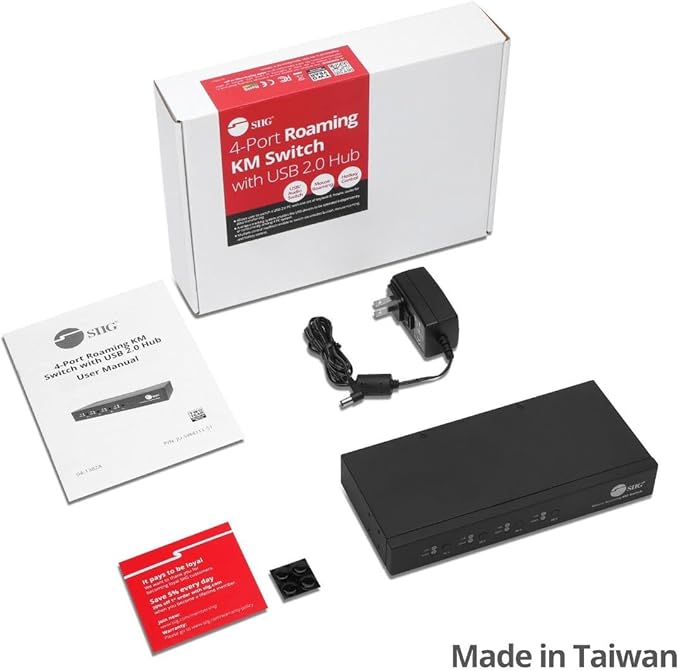 SIIG 4-Port Quad Computers Keyboard and Mouse Roaming Control Switch with USB 2.0 Hub KM Switch Support Windows Mac and Linux Switch Button HotkeysTAA Compliant (JU-SW4311-S1)