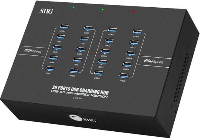 SIIG 20-Port Industrial USB 3.0 Hub with Charging - 200W 5Gbps with 5V/2.1A per Port Powered Multiport Hub Expander for Laptop Tablets Cellphone External HDD Keyboard and Mouse (ID-US0611-S1)