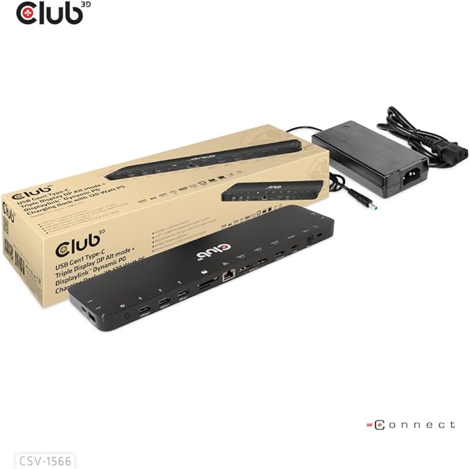 Club 3D CSV-1566 USB Gen1 Type-C Triple Display DP Alt Mode Displaylink Dynamic PD Charging Dock with 120 Watt PS