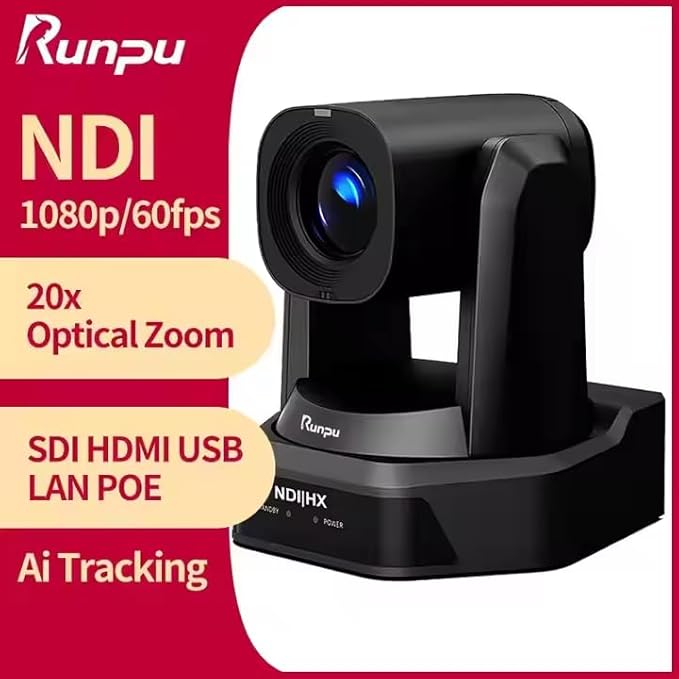 NDI PTZ Camera 20x Optical ZoomAI Auto-Tracking Video Conference Room Camera with HDMI LAN USB SDILive Streaming for Church Worship Work with VmixZoomOBSYouTubeFacebook RP-HD66A-20N