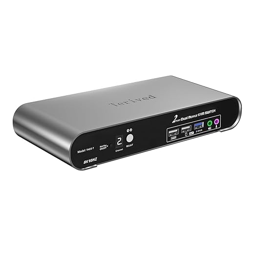 2 Computers 2 HDMI Monitor Automatic KVM Switch 8K@60Hz Hotkey Switching EDID Support 5.1/7.1 Audio and Microphone Aluminum Shell with Digital Display USB 3.0 Hub HDR10 with Cables