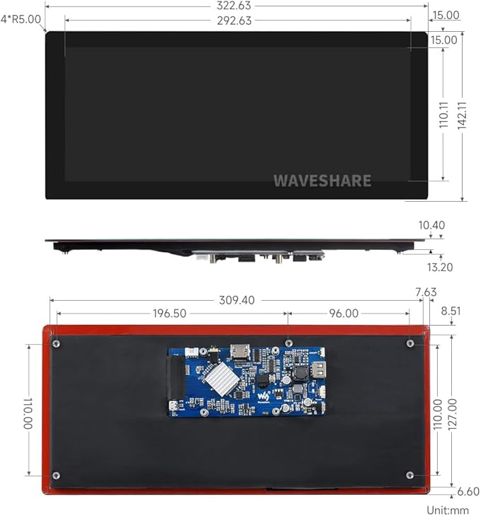 Waveshare 12.3inch Capacitive Touch Screen LCD Compatible with Raspberry Pi 5/4B/3B+/3B/2B/B+/A+/Zero/Zero W/WH/Zero 2W Series Boards 600 Cd/M²1920×720 HDMI IPS Toughened Glass Panel