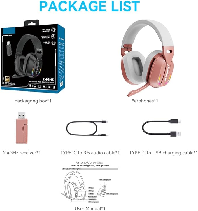 2.4GHz Wireless Gaming Headset for PC PS5 PS4 Switch - Bluetooth 5.4 20H Battery with ENC Noise Canceling Microphone Cool Lighting 40mm Driversfor Wired Mode Xbox Series -Rose Gold