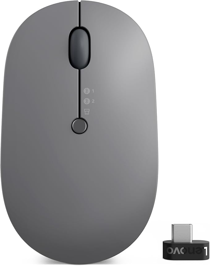 Lenovo Go Multi-Device Wireless Mouse 2.4GHz Nano USB-C Receiver Bluetooth Adjustable DPI USB-C Rechargeable Battery Qi Wireless Charging Ambidextrous GY51C21211 Grey