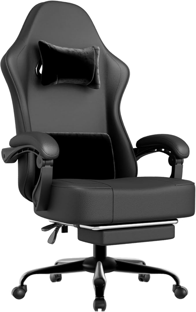 Black Gaming Chair with Pocket Spring Cushion and Footrest PU Leather Game Chair Adjustable Headrest Home Office Desk Chairs Comfortable Ergonomic Computer Chairs
