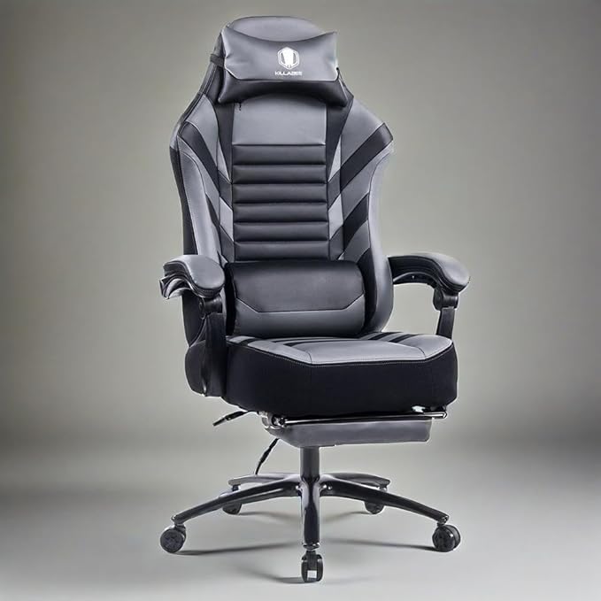 Swivel Gaming Chair Computer Chair with Footrest and Lumbar Support Ergonomic Comfortable Office Chair for Adults Height Adjustable Reclining Chairs for Office Gaming Lounge (Grey)