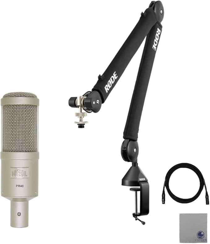Rode PSA1+ Pro Studio Boomarm for Podcasting and Streaming with Heil Sound PR40 Studio Dynamic Microphone Professional Grade XLR Cable and StreamEye Polishing Cloth