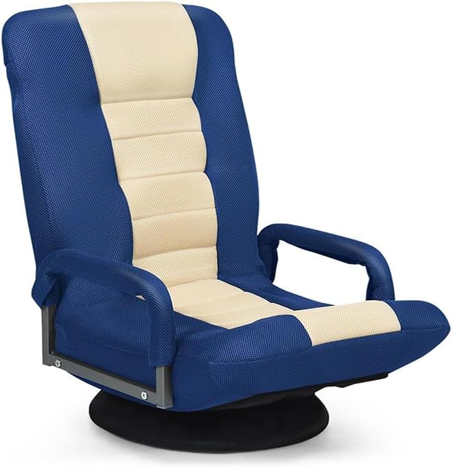 KOMFOTT Gaming Floor Chair 360° Swivel Chair with 6-Position Adjustable Backrest Armrest Lumbar Support Folding Lazy Sofa Chairs for Playing Video Games Reading Relaxing TV (Blue &amp Beige)