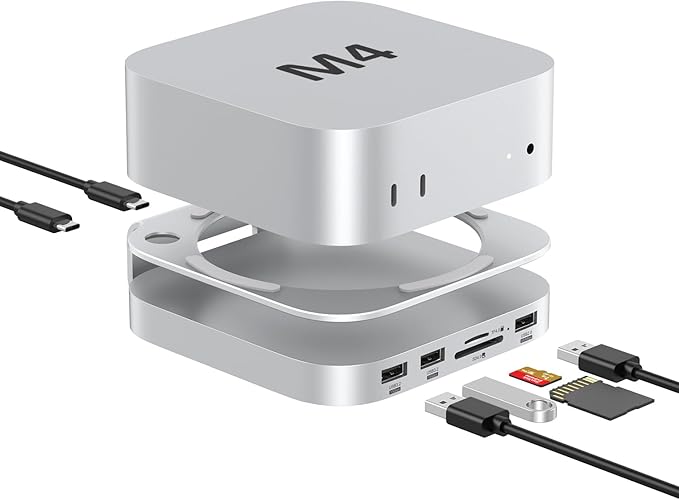 Akyyajaure Mac mini Hub: 9 in 1 Aluminum Stand &amp Dock for Mac mini M4 Pro with M.2 NVMe SSD Enclosure 10Gbps USB-A*2 SD/TF Card Readers USB 2.0