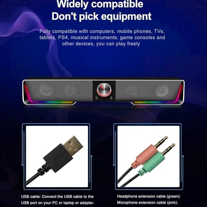 Support Aux 3.5 Surround RGB Speakers Column Sound Bar for Computer PC Loudspeakers