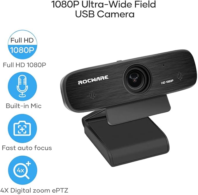 ROCWARE WebcamWebcam with Microphone Autofocus 2MP HD Web Camera RC19 Privacy CoverPlug and Play USB Computer Streaming Webcam for Laptop/Video Call/Skype/Zoom