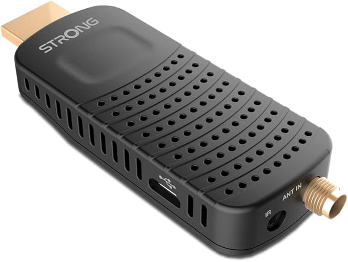 STRONG SRT82 Full HD DVB-T2 HDMI Stick DVB-T2 Decoder - HEVC265 Compatible - TV Receiver/Tuner with Recorder Function (HDMI SCART USB Dolby Digital Plus) - Black