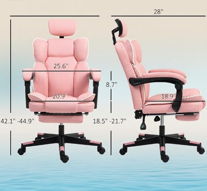 Adjustable Pink PU Leather Gaming Chair - 135° Recline Built-in Footrest 360° Swivel for Home/Office