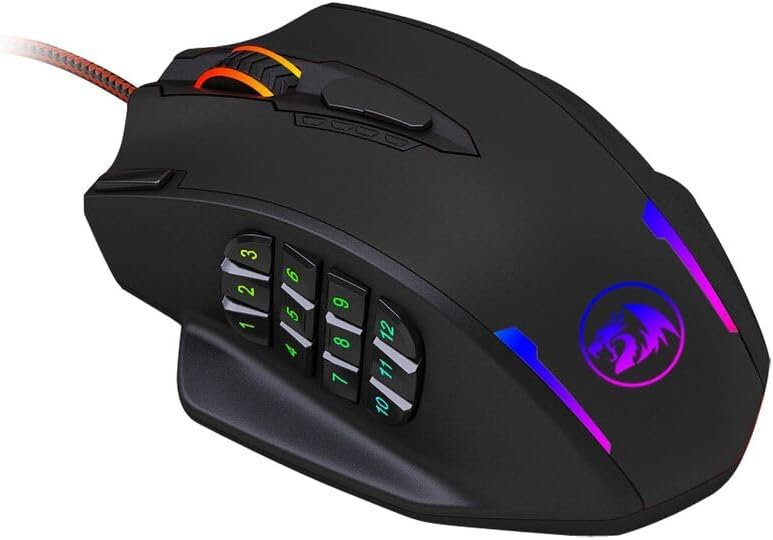 Redragon M908 12400 DPI Impact MMO Gaming Mouse w/ 18 Programmable Buttons Weight Tuning Cartridge 12 Side Buttons