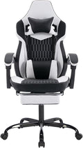 Gaming Desk Chair for Adults Ergonomic Gaming Chair with Footrest &amp Headrest and Lumbar Support Leather Material Height Adjustable Computer Video Game Chairs (Black+White-1)