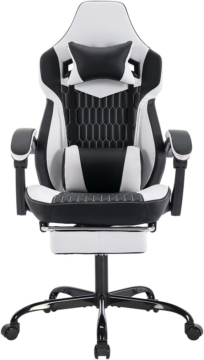 Gaming Desk Chair for Adults Ergonomic Gaming Chair with Footrest &amp Headrest and Lumbar Support Leather Material Height Adjustable Computer Video Game Chairs (Black+White-1)