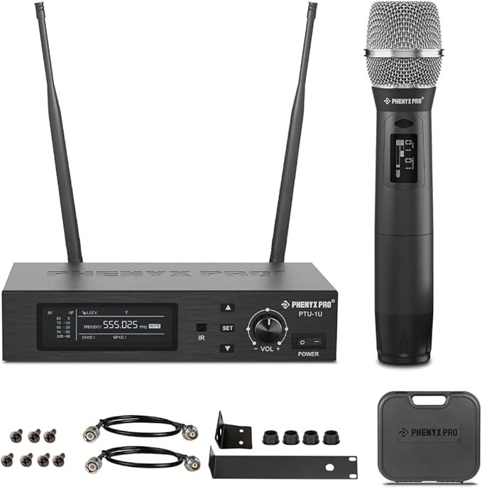 Phenyx Pro True Diversity Wireless Microphone System w/ 1000 Tunable Channels Single Cordless Mic Set w/Auto Scan UHF Professional Dynamic Microphone for Singing Stage &amp Studio (PTU-1U)