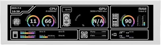 Jiawu Computer Temp Monitor 8.8 Inch FHD LCD Screen 1920x480 178° Viewing Angle Real Time PC Temperature Display Mini Monitor for PC with Type C Connectivity for CPU GPU RAM HDD (White)