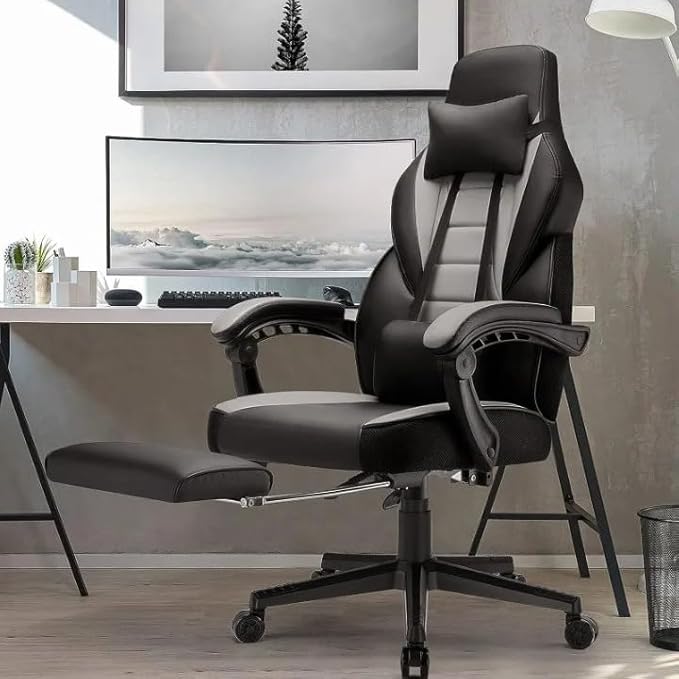 Generic Gaming Chair with Massage Function Ergonomic Design Footrest and Lumbar Support Large Cushion Size (Light Gray) 24* x 27.2* x 52.9*
