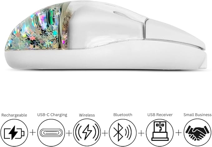 Liquid Glitter Wireless Bluetooth Mouse – Type C Rechargeable Silent Mice – Portable USB Optical Cordless Mouse Compatible with Windows Mac iOS Android PC Laptop &amp MacBook (White)
