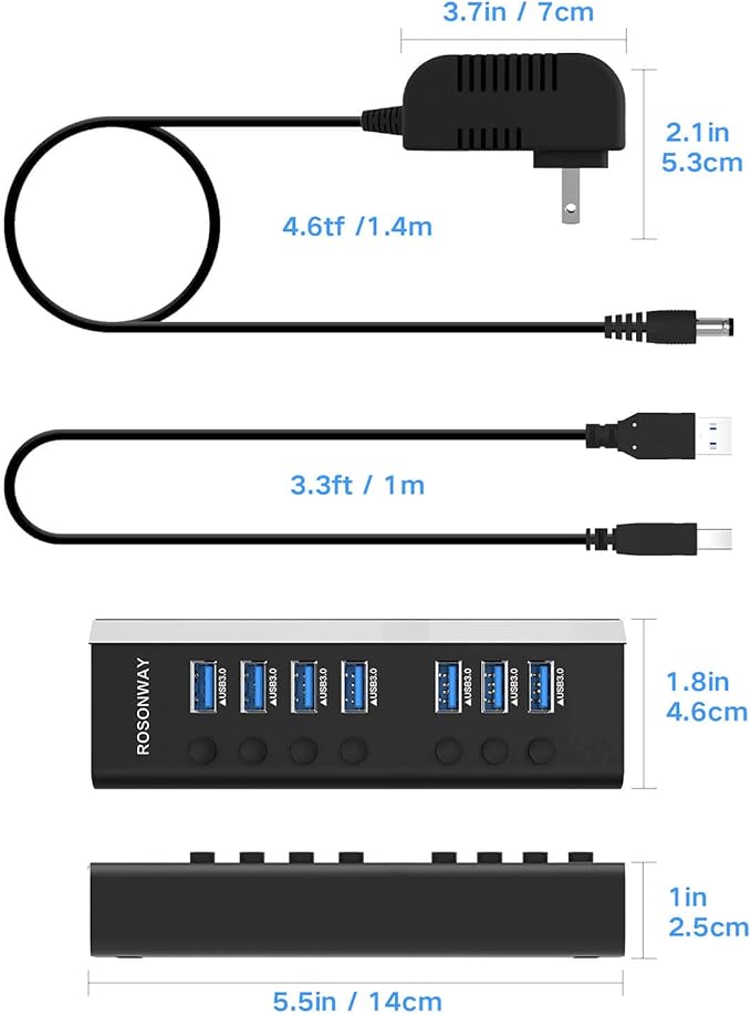 USB Hub 3.0 Powered Rosonway Aluminum 7 Ports USB 3.0 Data Hub Splitter with 24W (12V/2A) Power Adapter and Individual On/Off Switches USB Port Expander for PC and Laptop (RSH-A37S) (Pack of 2)
