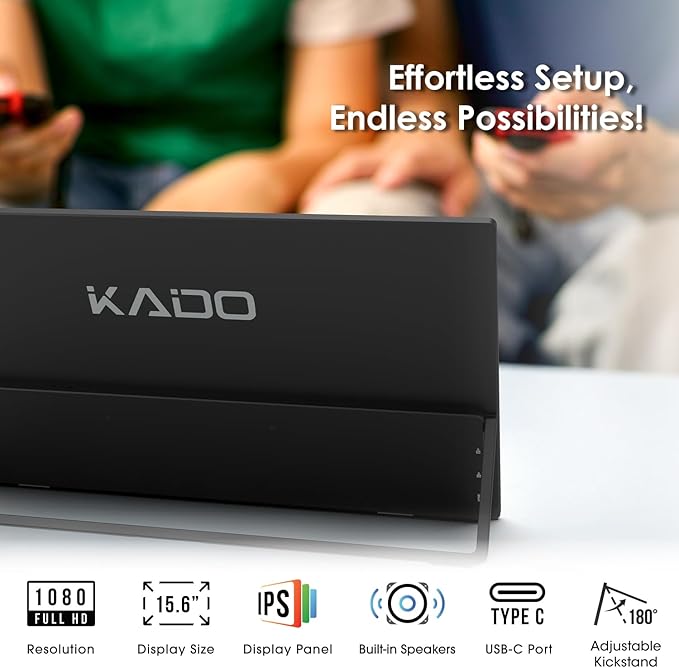 Kado Portable Monitor 15.6'' FHD 1080p VESA/Clamp Tripod Stand Set USB-C HDMI Gaming Monitor Ultra-Slim IPS Display Built-in Speakers External Monitor for Laptop PC Phone Mac Xbox PS4/PS5 Switch