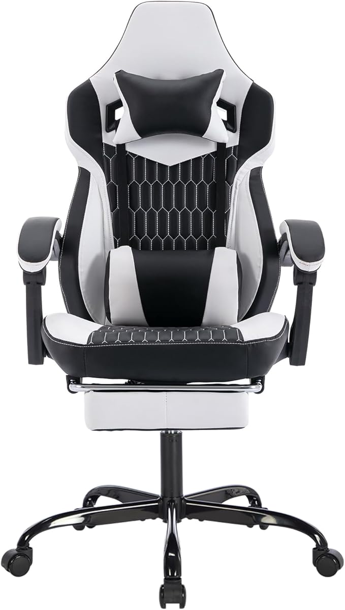 Gaming Chair with Footrest High Back Gaming Chairs PVC Leather Ergonomic Office Gamer Chair Headrest Lumbar Support Racing Style Video Gaming Chair (Black &amp White)