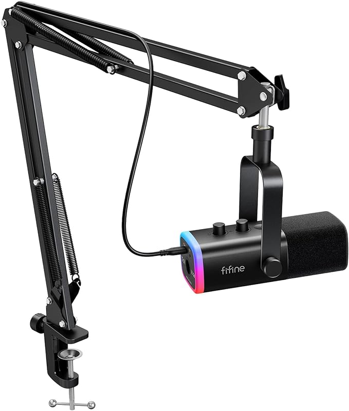 FIFINE XLR/USB Gaming Microphone Set Dynamic PC Mic for Streaming Podcasting Computer RGB Mic Kit with Boom Arm Stand Mute Button Headphones Jack for Recording Vocal Voice-Over-AmpliGame AM8T