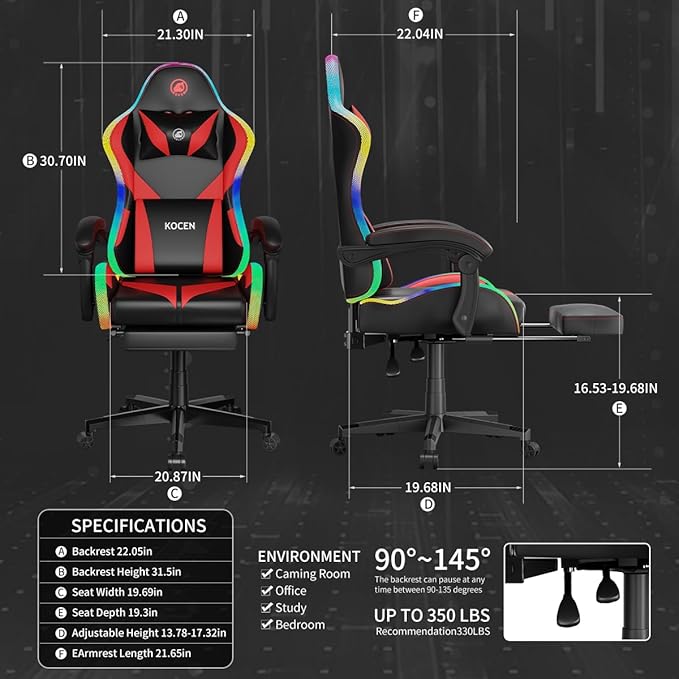 Gaming Chairs for Adults Tall and KidsLumbar SupportLED LightsHigh Back Reclining Computer Chair with Headrest (Black+Red)