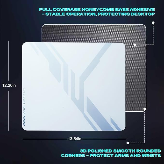 Glass Gaming Mouse Pad Micro-Etched SurfaceTempered Glass Ultra-Smooth Finish Anti-Slip Honeycomb Base 13.8 x 11.8 Inches (Zero Interface)