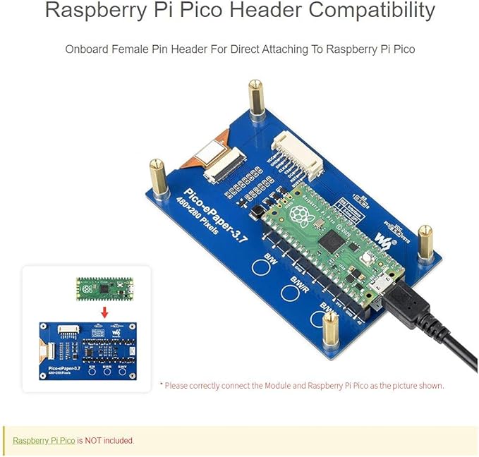 waveshare TOP1 3.7inch E-Paper E-Ink Display Module for Raspberry Pi Pico 480×280 Resolution Screen Black/White Monitor with SPI Interface Supports Raspberry Pi/Jetson Nano/STM32
