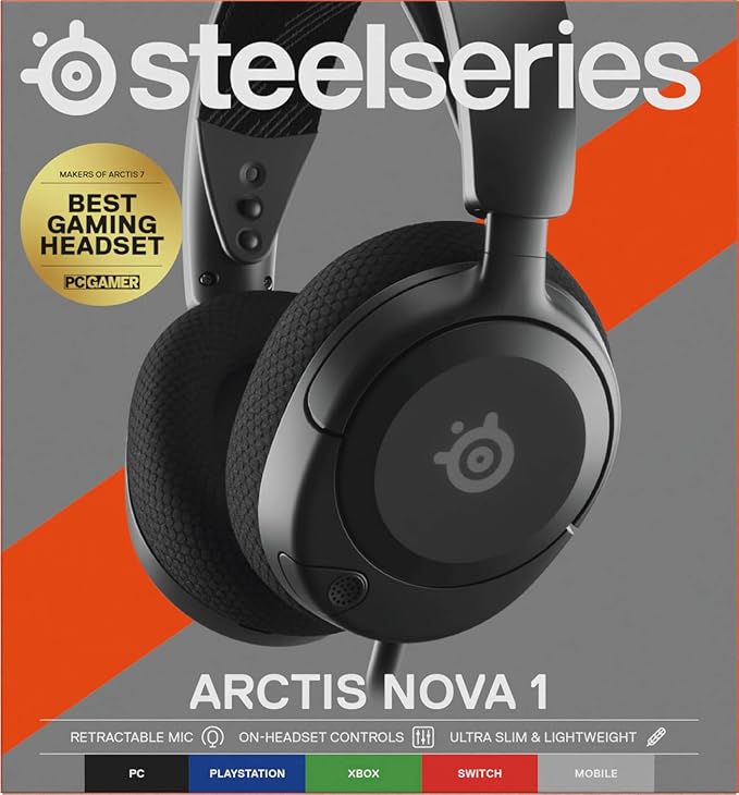SteelSeries 61606 Arctis Nova 1 Gaming Headphones Wired Sealed Type Compatible with PC PS5 PS4 Switch Bi-Directional Microphone Noise Canceling Space Audio Hi-Fi Sound Adjustable Black