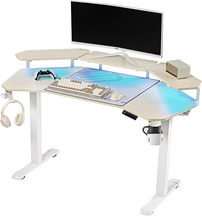EUREKA ERGONOMIC Aero 55 Inch W Shaped Electric Standing Desk Height Adjustable Computer Gaming Desk with LED Monitor Shelf Mouse Pad Headphone Hook Cup Holder Natural Maple