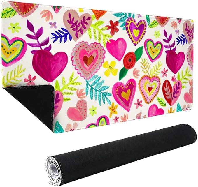 Colorful Hearts Valentines Large Gaming Mouse Pad Desk Mat with Stitched Edges Non-Slip Base for Gamer Home and Office