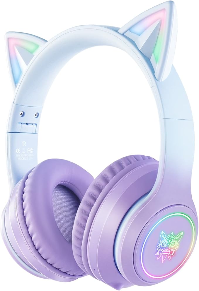 Bluetooth Cat Ear Headphones for Kids &amp Adults Wireless &amp Wired Mode Foldable Headset with Mic - Clear Sound Quality - RGB LED Light for Girls School Gaming for Phone/Laptop/PC/Tablet Purp