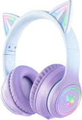 Bluetooth Cat Ear Headphones for Kids &amp Adults Wireless &amp Wired Mode Foldable Headset with Mic - Clear Sound Quality - RGB LED Light for Girls School Gaming for Phone/Laptop/PC/Tablet Purp