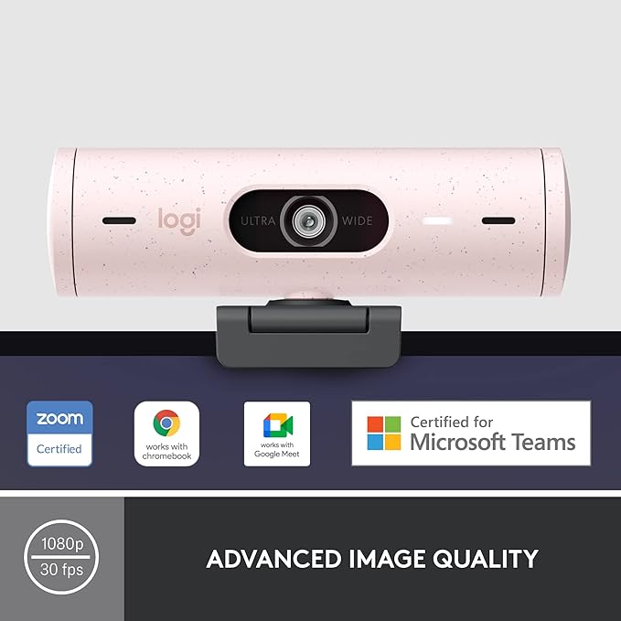 Logitech Brio 500 Full HD 1080p Webcam with Auto Light Correction Dual Noise Reduction Mics Privacy Cover Works with Teams Meet Zoom - Rose