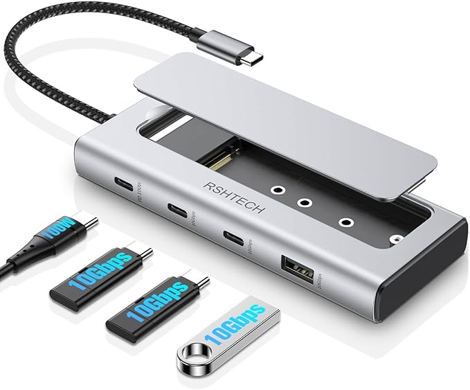 RSHTECH 5-in-1 USB C Hub with M.2 NVMe/SATA SSD Enclosure 10Gbps USB Data Ports (1A + 2C) and 100W Power Delivery Aluminum USB-C Dock Dongle for MacBook Laptops and More